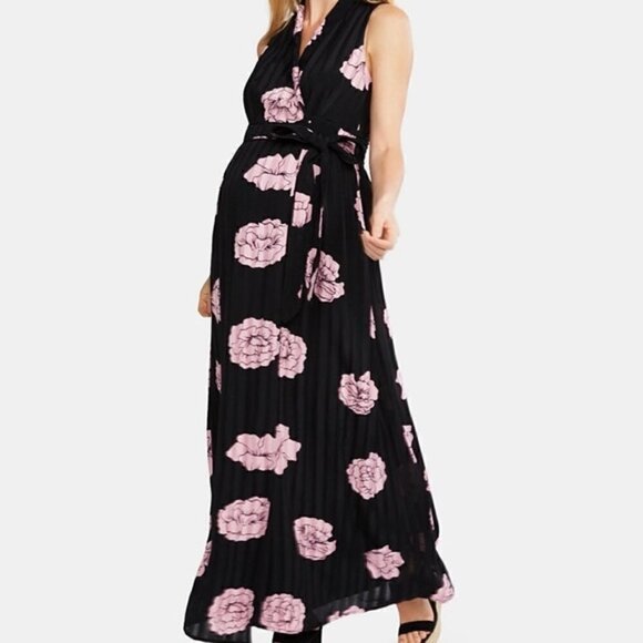 Jessica Simpson Sleeveless Pink Floral Wrap Maxi Maternity Black Dress Size L - Picture 5 of 12